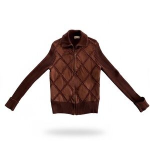 Y2K White Stag women's Small Brown Crochet Suede and Ribbed Knit Full-Zip Jacket